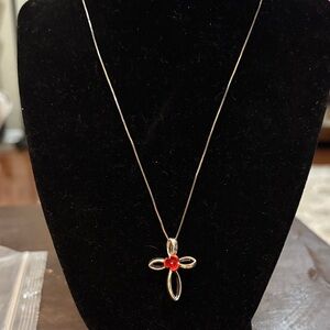 Silver Cross Pendant Necklace with Red Flower Accent